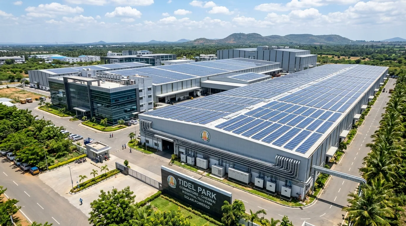 Solar panels covering the rooftops of an industrial and office campus
