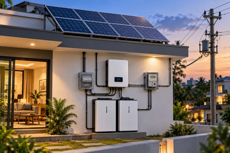 Hybrid solar system combining rooftop panels, battery backup and a grid connection for a home