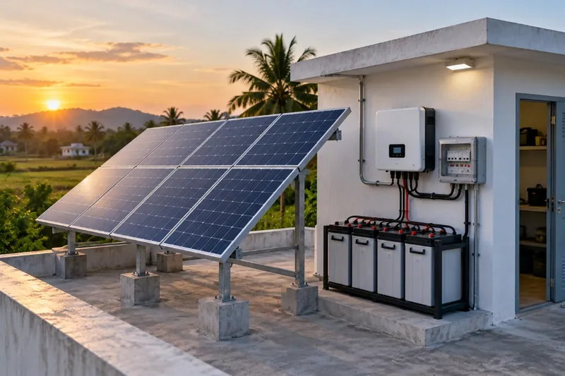 Off-grid solar setup with a battery bank storing rooftop generation for a home with no reliable grid supply