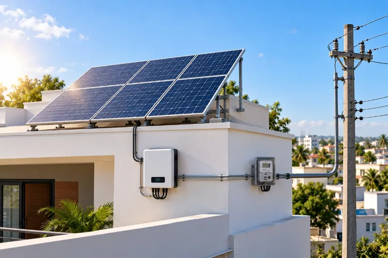Rooftop solar panels and a wall-mounted grid-tied inverter beside the utility meter on a home terrace