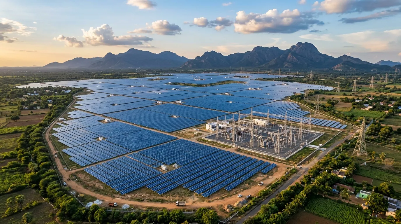 A ground-mount solar park with its grid substation, seen from the air